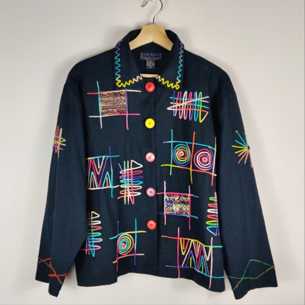 VINTAGE Life Style 90's Embroidered Black Button Down Shirt Jacket Size Small